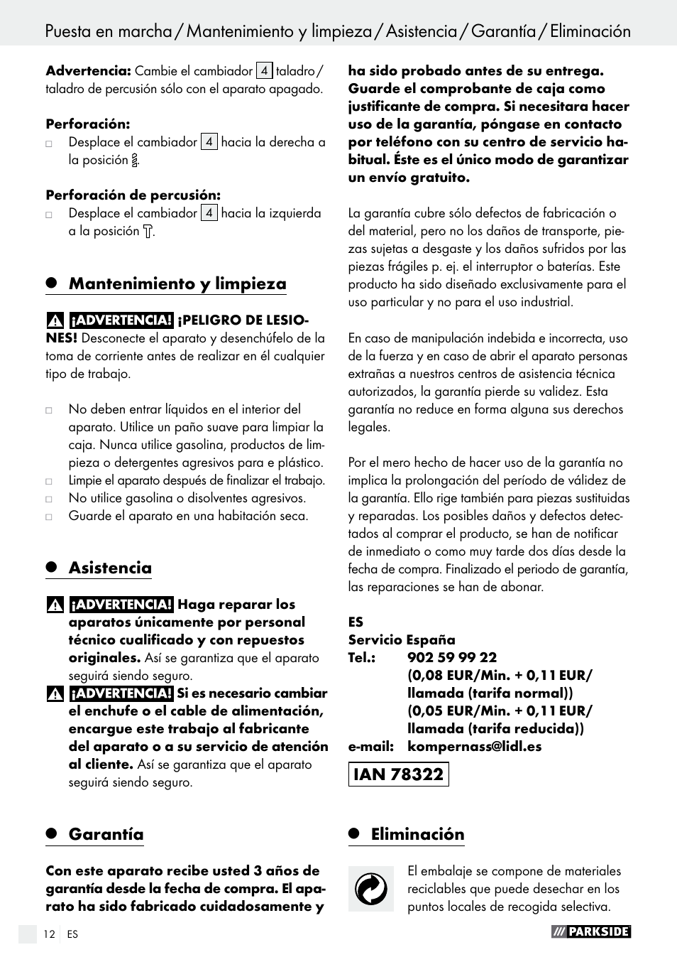 Mantenimiento y limpieza, Asistencia, Garantía | Eliminación | Parkside PSBM 500 A1 User Manual | Page 12 / 54