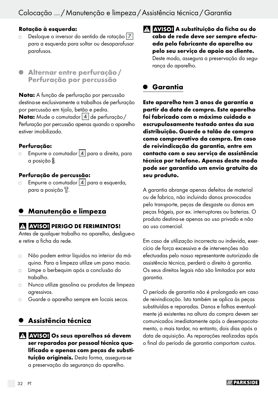 Manutenção e limpeza, Assistência técnica, Garantia | Parkside PSBM 500 A1 User Manual | Page 32 / 54