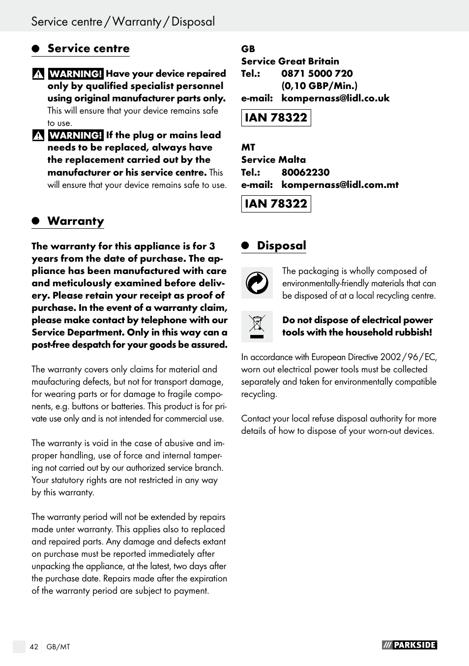 Service centre, Warranty, Disposal | Parkside PSBM 500 A1 User Manual | Page 42 / 54
