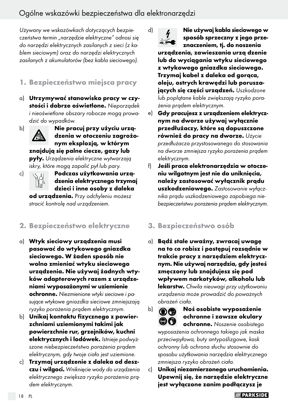 Bezpieczeństwo miejsca pracy, Bezpieczeństwo elektryczne, Bezpieczeństwo osób | Parkside PSBM 500 A1 User Manual | Page 18 / 72