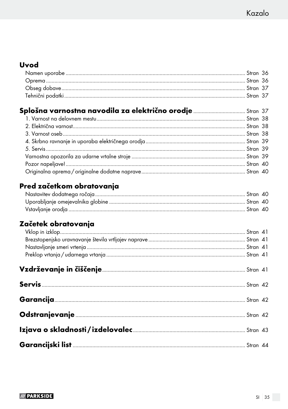 Kazalo | Parkside PSBM 500 A1 User Manual | Page 35 / 72