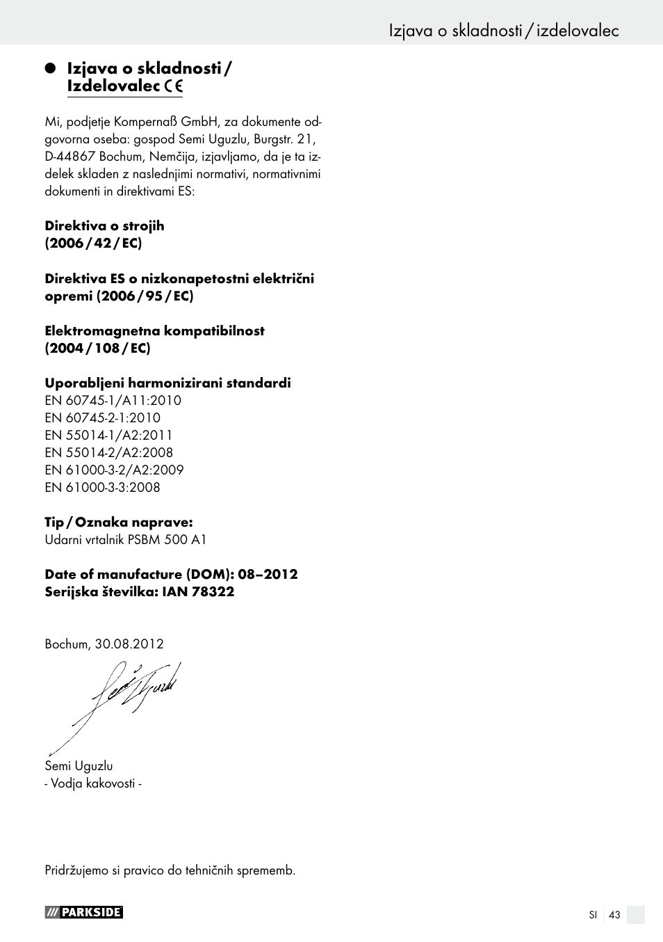 Izjava o skladnosti / izdelovalec | Parkside PSBM 500 A1 User Manual | Page 43 / 72