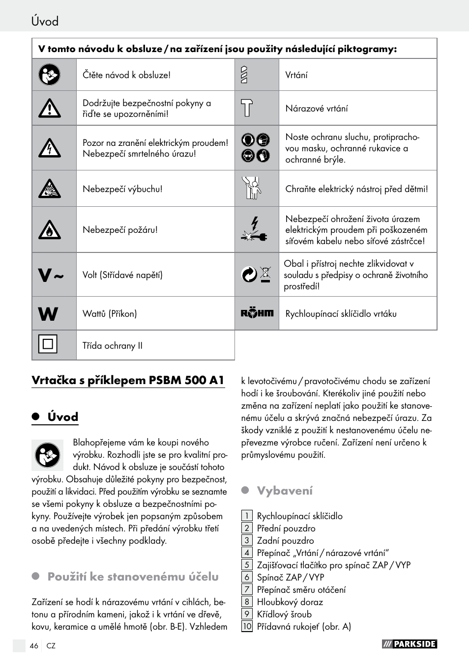 Vrtačka s příklepem psbm 500 a1, Úvod, Použití ke stanovenému účelu | Vybavení | Parkside PSBM 500 A1 User Manual | Page 46 / 72