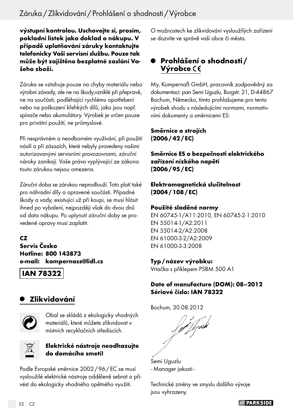 Zlikvidování, Prohlášení o shodnosti / výrobce | Parkside PSBM 500 A1 User Manual | Page 52 / 72