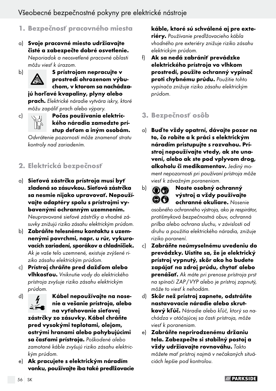 Bezpečnosť pracovného miesta, Elektrická bezpečnosť, Bezpečnosť osôb | Parkside PSBM 500 A1 User Manual | Page 56 / 72