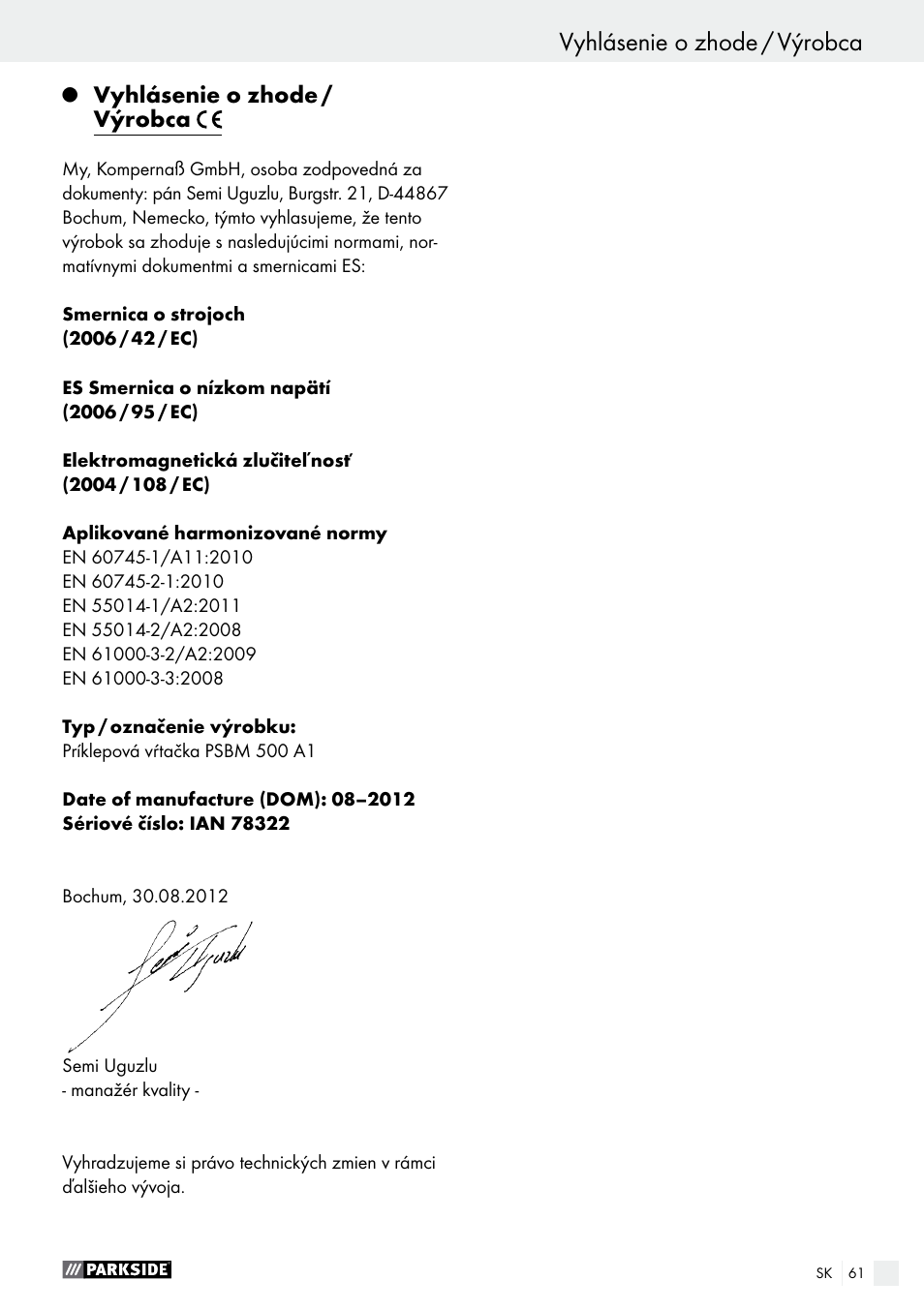Vyhlásenie o zhode / výrobca | Parkside PSBM 500 A1 User Manual | Page 61 / 72