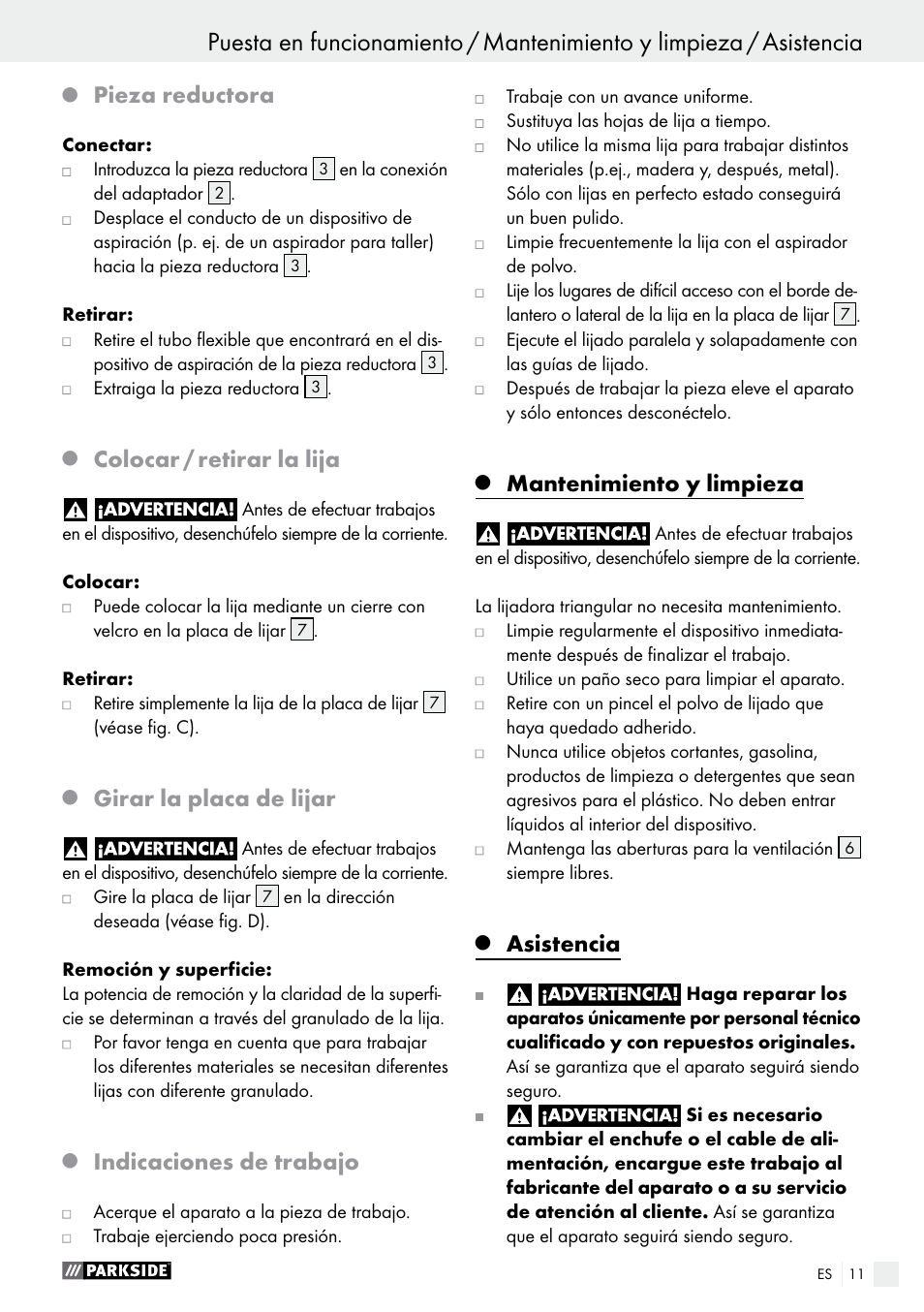 Pieza reductora, Colocar / retirar la lija, Girar la placa de lijar | Indicaciones de trabajo, Mantenimiento y limpieza, Asistencia | Parkside PHS 160 B2 User Manual | Page 11 / 52