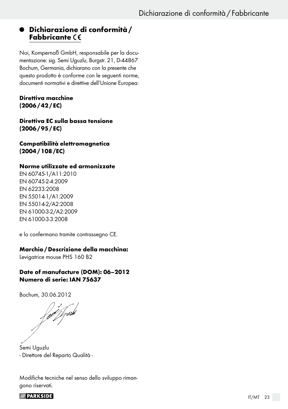 Dichiarazione di conformità / fabbricante | Parkside PHS 160 B2 User Manual | Page 23 / 52