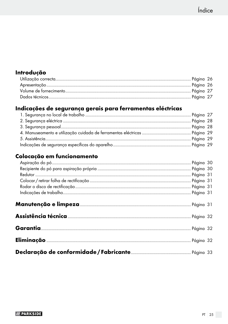 Índice | Parkside PHS 160 B2 User Manual | Page 25 / 52