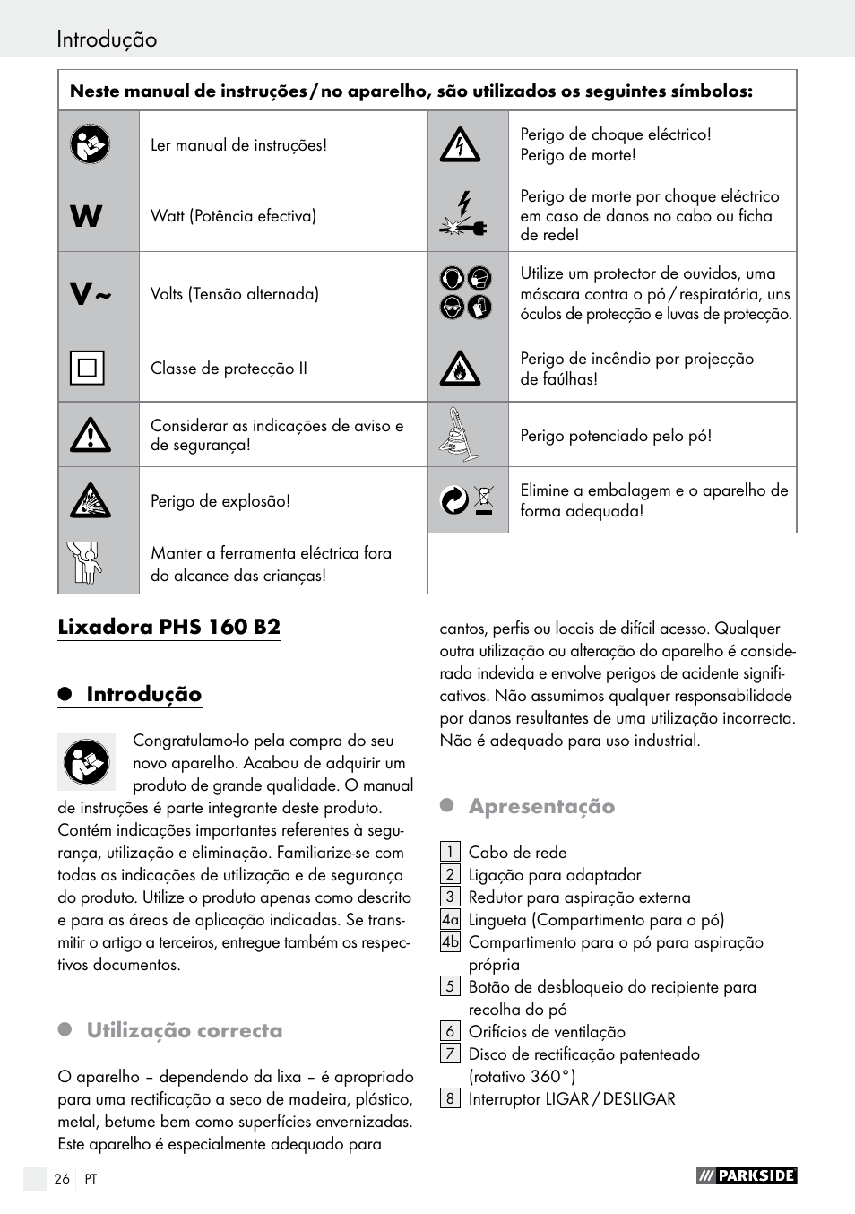 Introdução, Lixadora phs 160 b2, Utilização correcta | Apresentação | Parkside PHS 160 B2 User Manual | Page 26 / 52