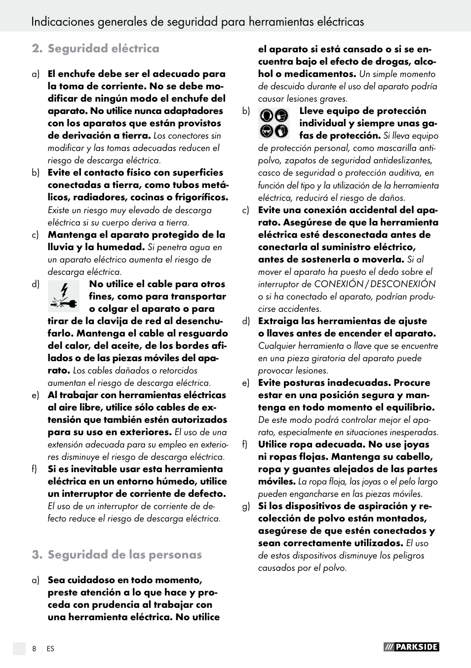 Seguridad eléctrica, Seguridad de las personas | Parkside PHS 160 B2 User Manual | Page 8 / 52