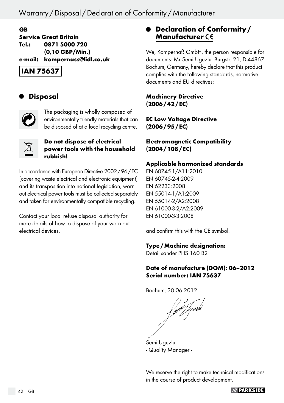 Disposal, Declaration of conformity / manufacturer | Parkside PHS 160 B2 User Manual | Page 42 / 43