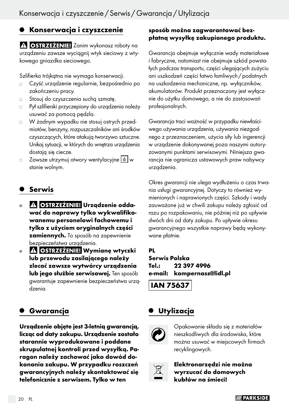 Konserwacja i czyszczenie, Serwis, Gwarancja | Utylizacja | Parkside PHS 160 B2 User Manual | Page 20 / 58