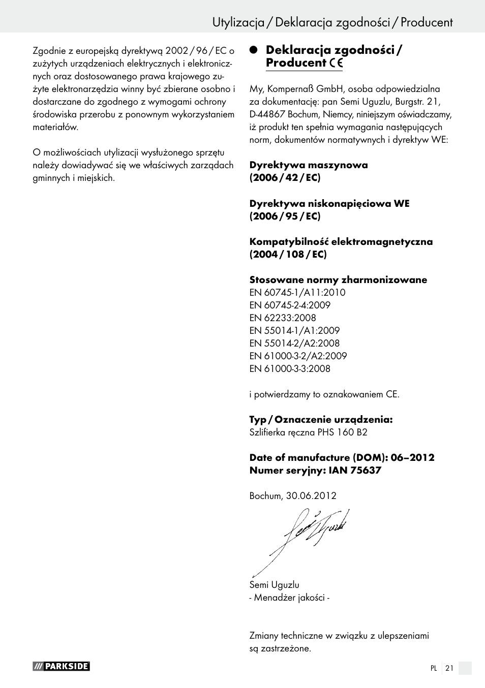 Deklaracja zgodności / producent | Parkside PHS 160 B2 User Manual | Page 21 / 58
