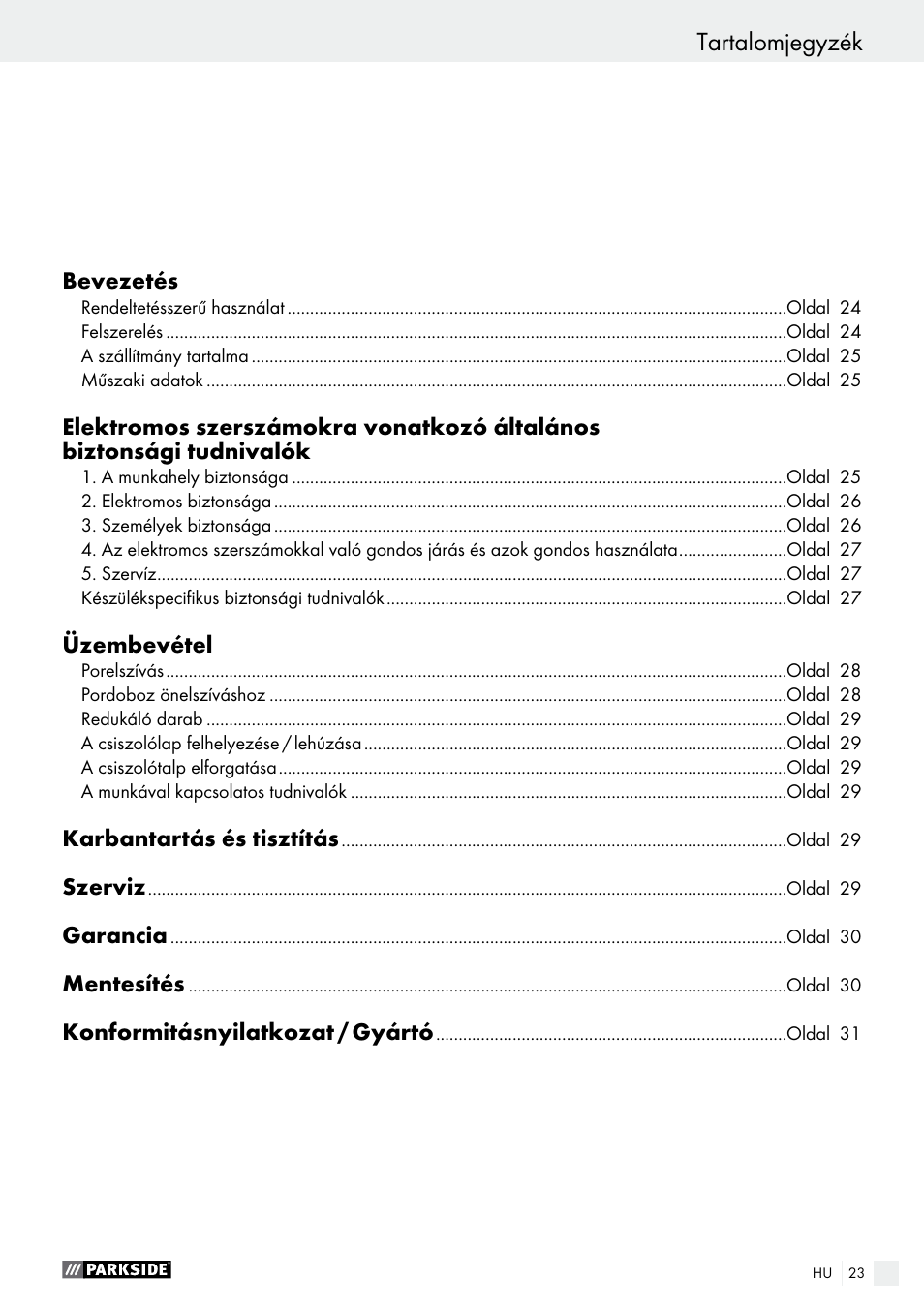 Tartalomjegyzék | Parkside PHS 160 B2 User Manual | Page 23 / 58