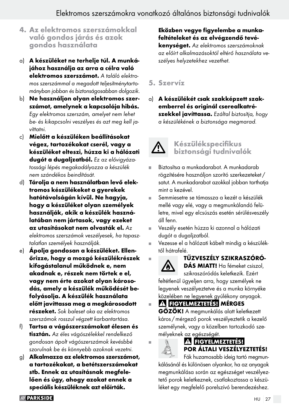 Szervíz, Készülékspecifikus biztonsági tudnivalók | Parkside PHS 160 B2 User Manual | Page 27 / 58