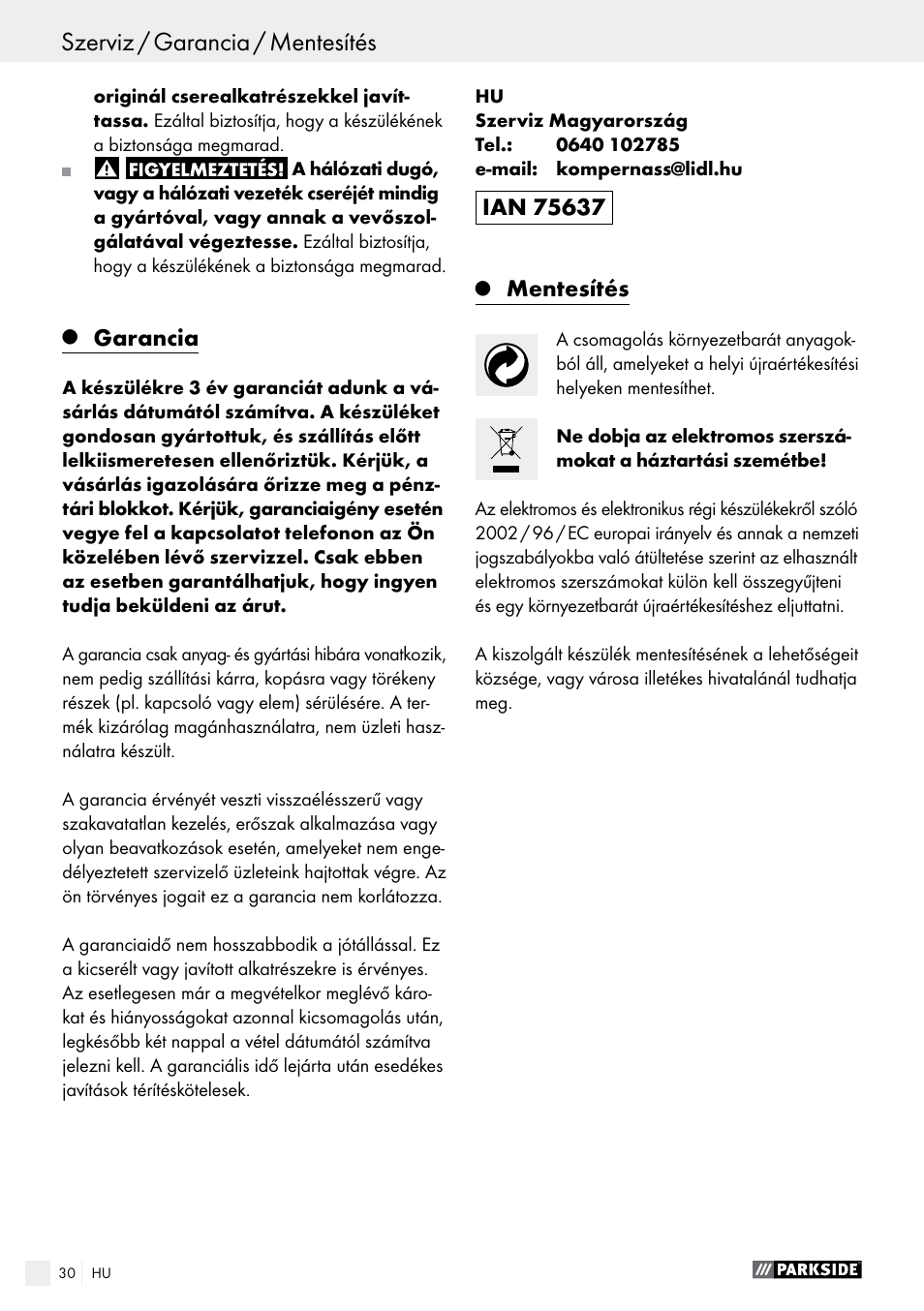 Garancia, Mentesítés | Parkside PHS 160 B2 User Manual | Page 30 / 58