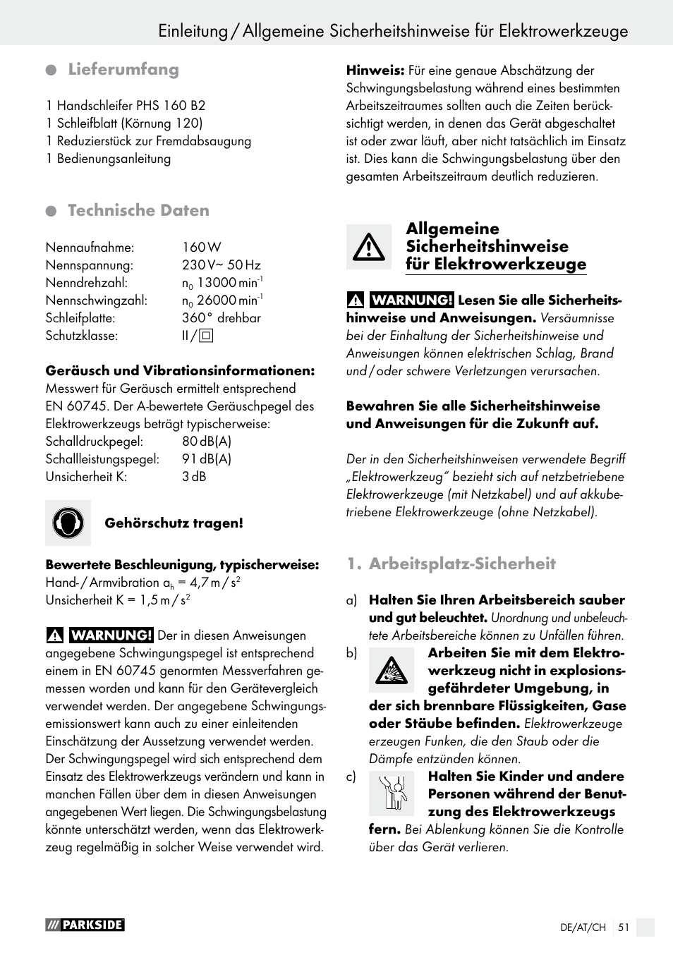 Einleitung, Lieferumfang, Technische daten | Arbeitsplatz-sicherheit | Parkside PHS 160 B2 User Manual | Page 51 / 58