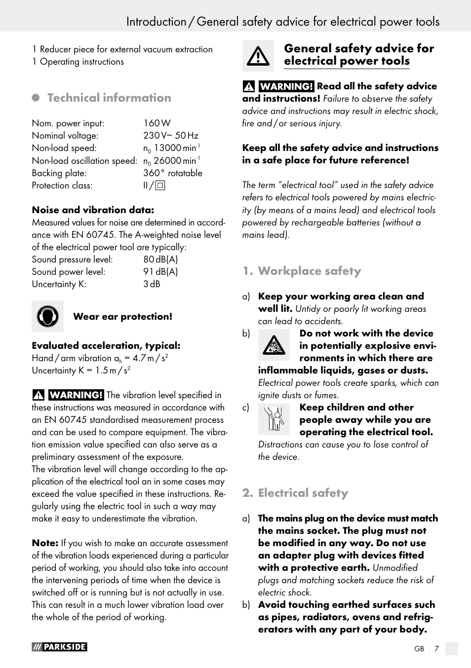 Technical information, General safety advice for electrical power tools, Workplace safety | Electrical safety | Parkside PHS 160 B2 User Manual | Page 7 / 58