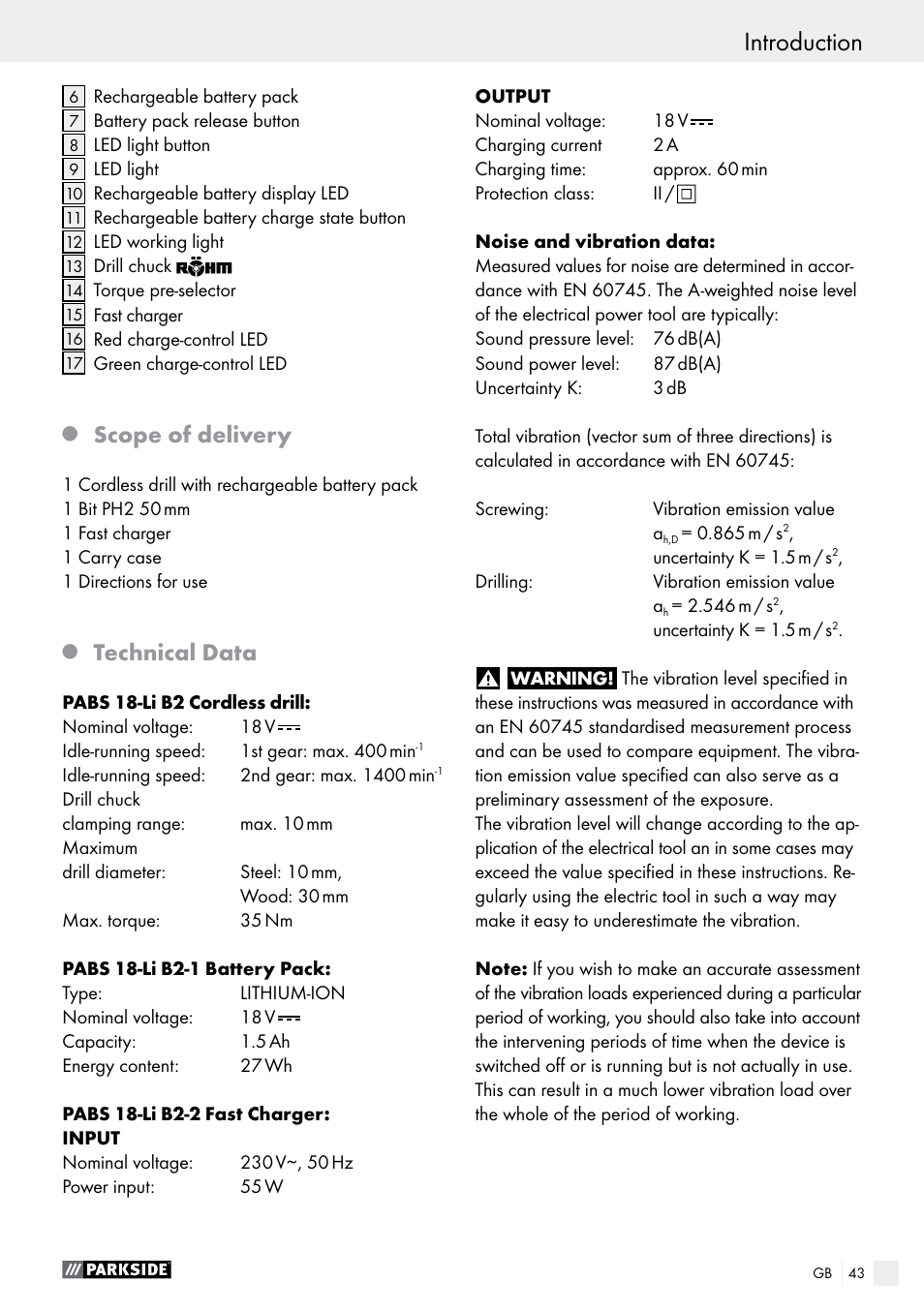 Introduction, Scope of delivery, Technical data | Parkside PABS 18-Li B2 User Manual | Page 43 / 52