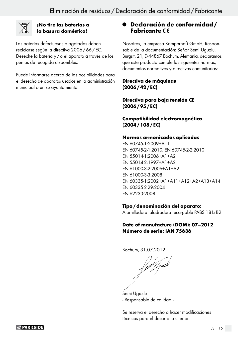 Declaración de conformidad / fabricante | Parkside PABS 18-Li B2 User Manual | Page 15 / 64