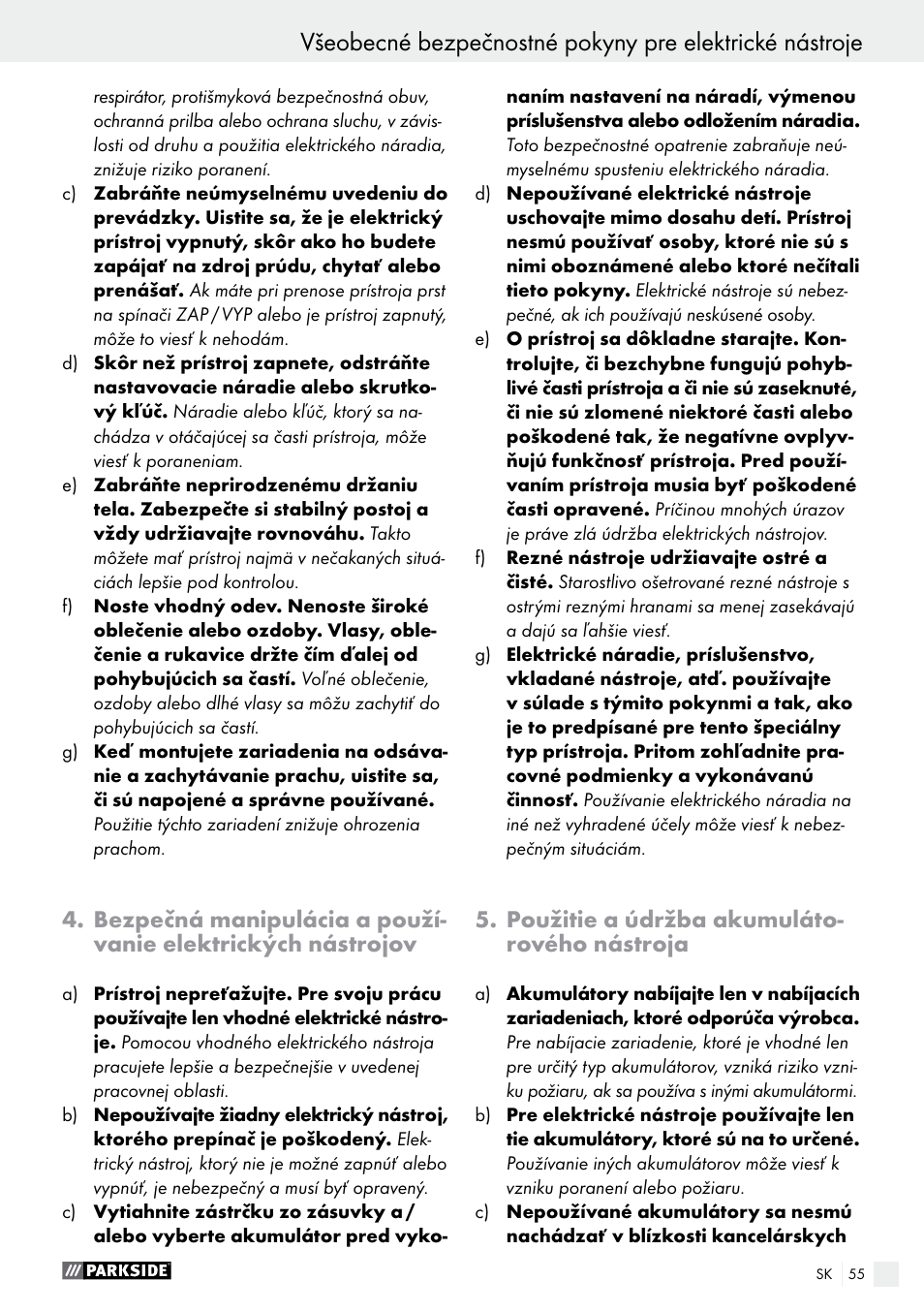 Použitie a údržba akumuláto- rového nástroja | Parkside PABS 18-Li B2 User Manual | Page 55 / 72