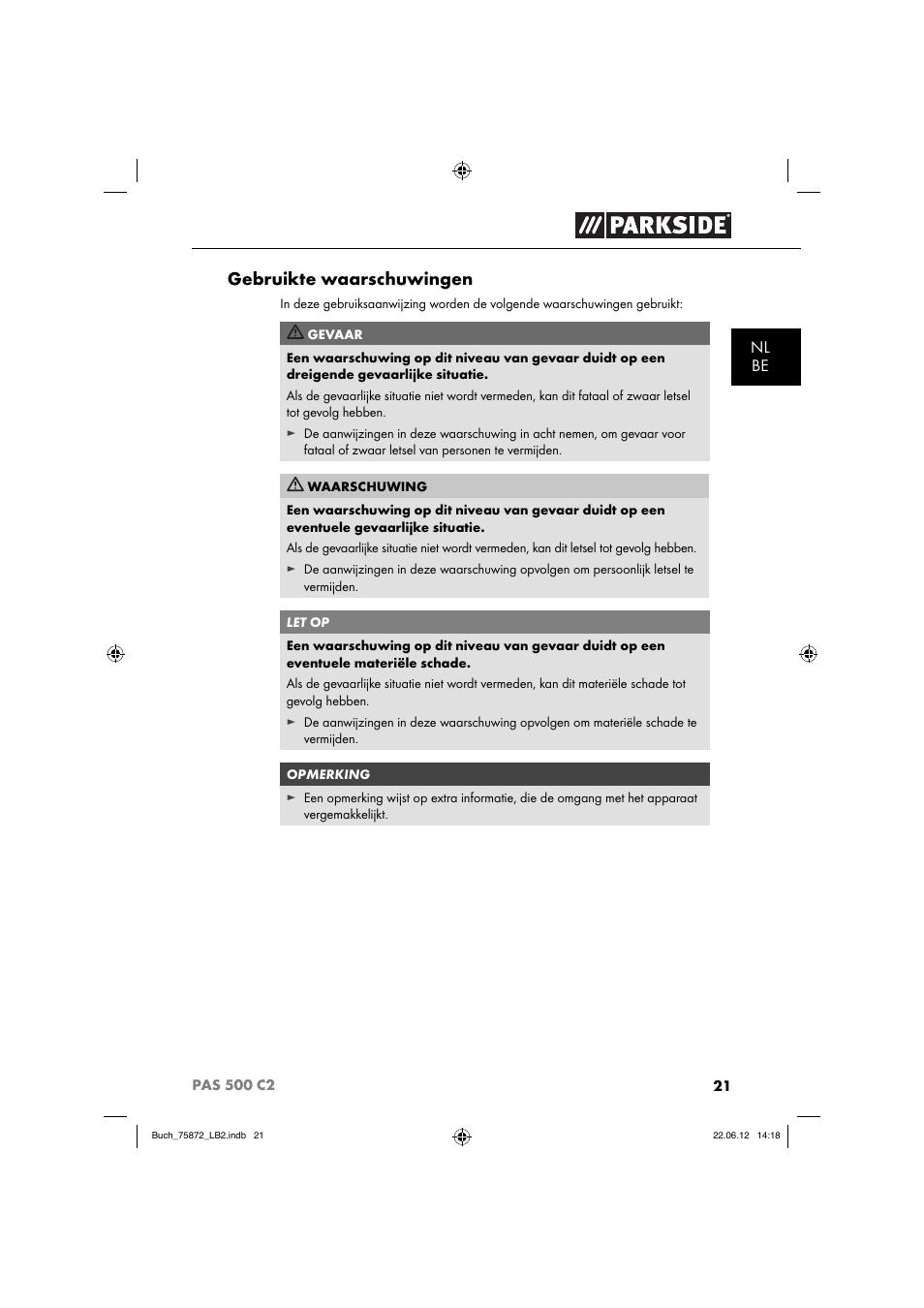 Gebruikte waarschuwingen | Parkside PAS 500 C2 User Manual | Page 24 / 70