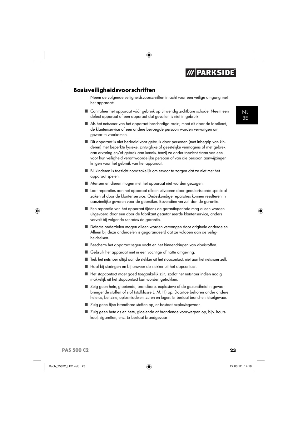 Basisveiligheidsvoorschriften | Parkside PAS 500 C2 User Manual | Page 26 / 70
