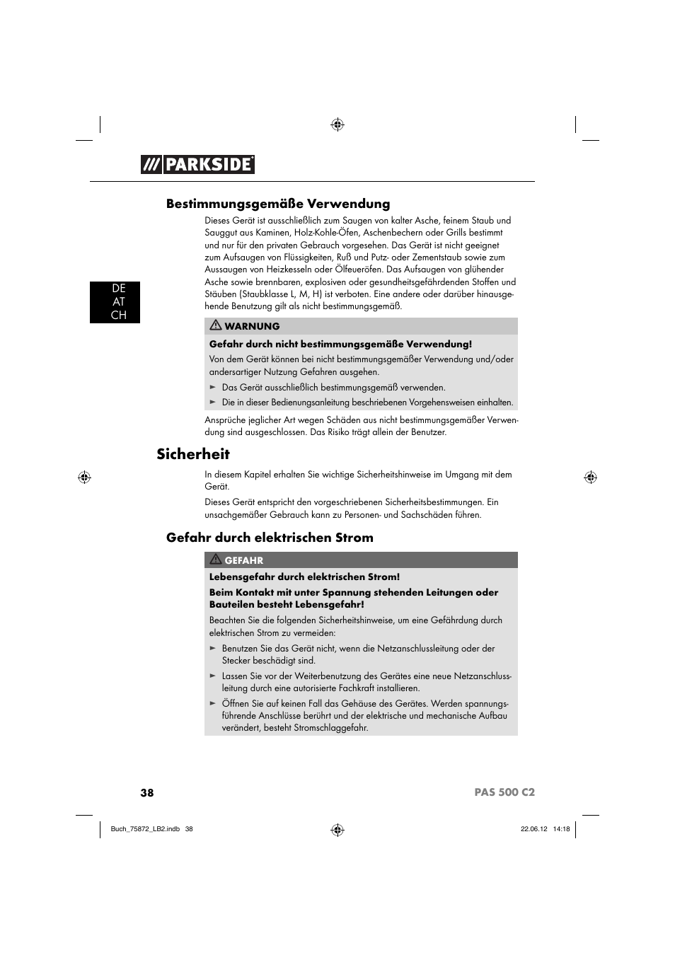 Sicherheit, Bestimmungsgemäße verwendung, Gefahr durch elektrischen strom | Parkside PAS 500 C2 User Manual | Page 41 / 70