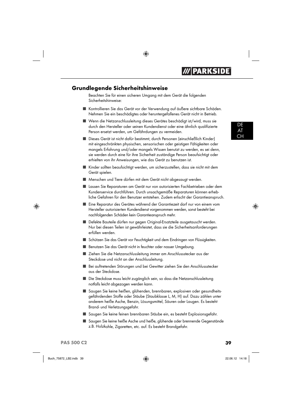 Grundlegende sicherheitshinweise | Parkside PAS 500 C2 User Manual | Page 42 / 70