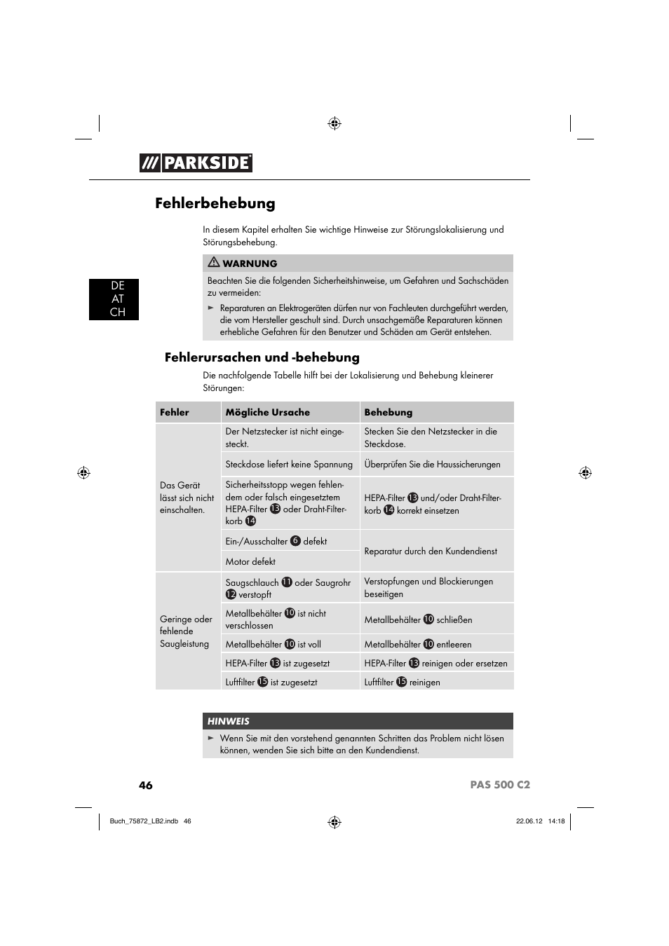 Fehlerbehebung, Fehlerursachen und -behebung | Parkside PAS 500 C2 User Manual | Page 49 / 70