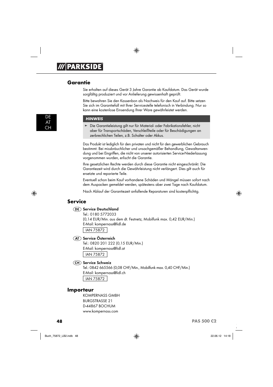 Garantie, Service, Importeur | Parkside PAS 500 C2 User Manual | Page 51 / 70