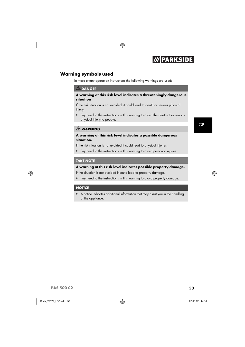 Warning symbols used | Parkside PAS 500 C2 User Manual | Page 56 / 70