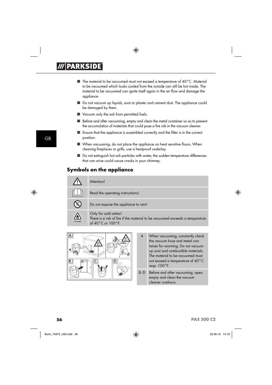Symbols on the appliance | Parkside PAS 500 C2 User Manual | Page 59 / 70