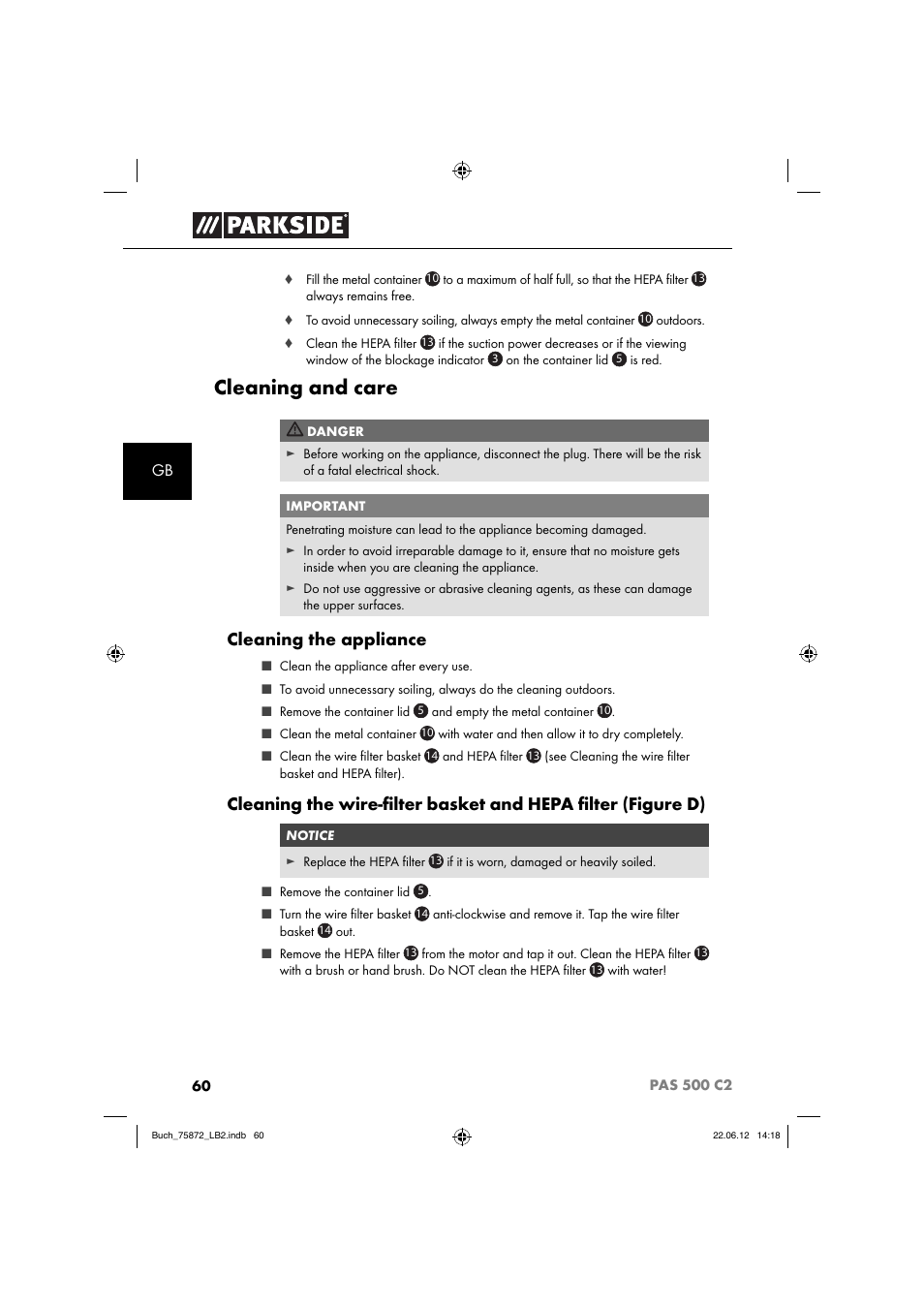 Cleaning and care, Cleaning the appliance | Parkside PAS 500 C2 User Manual | Page 63 / 70