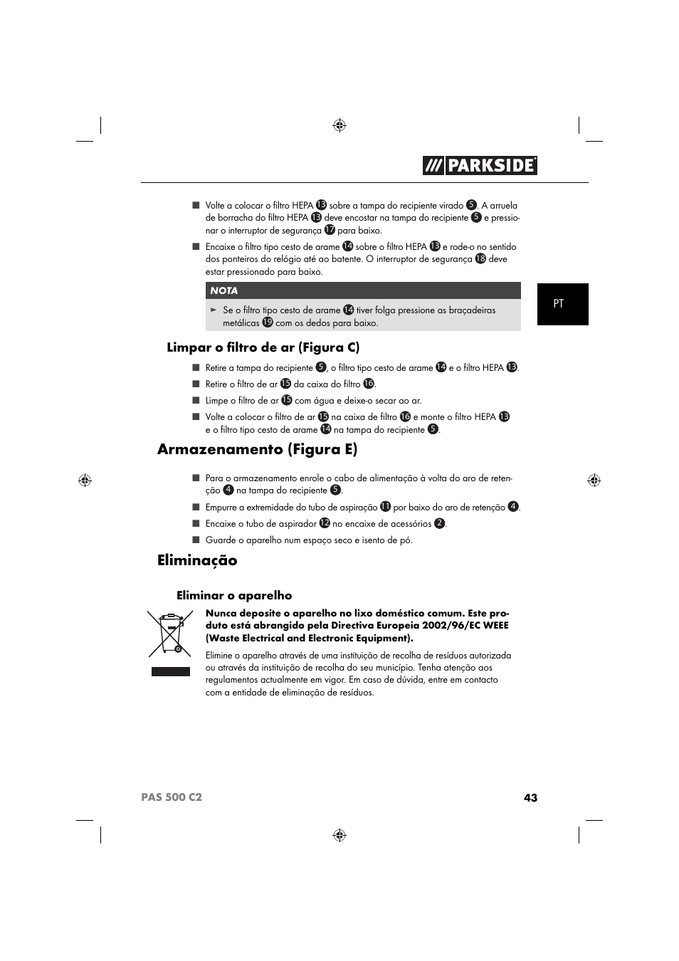 Armazenamento (figura e), Eliminação, Limpar o ﬁ ltro de ar (figura c) | Parkside PAS 500 C2 User Manual | Page 46 / 84