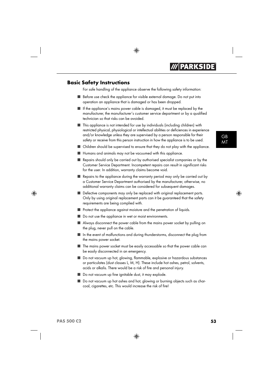 Basic safety instructions | Parkside PAS 500 C2 User Manual | Page 56 / 84