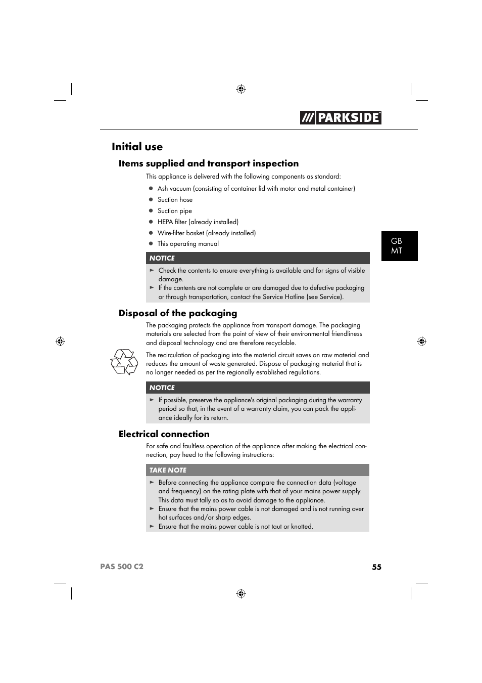Initial use, Items supplied and transport inspection, Disposal of the packaging | Electrical connection | Parkside PAS 500 C2 User Manual | Page 58 / 84