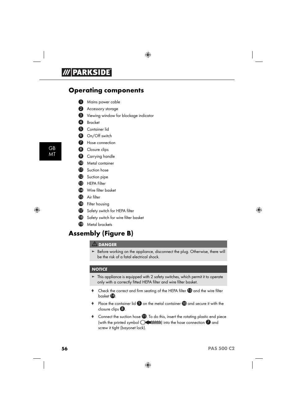 Operating components, Assembly (figure b), Gb mt | Parkside PAS 500 C2 User Manual | Page 59 / 84
