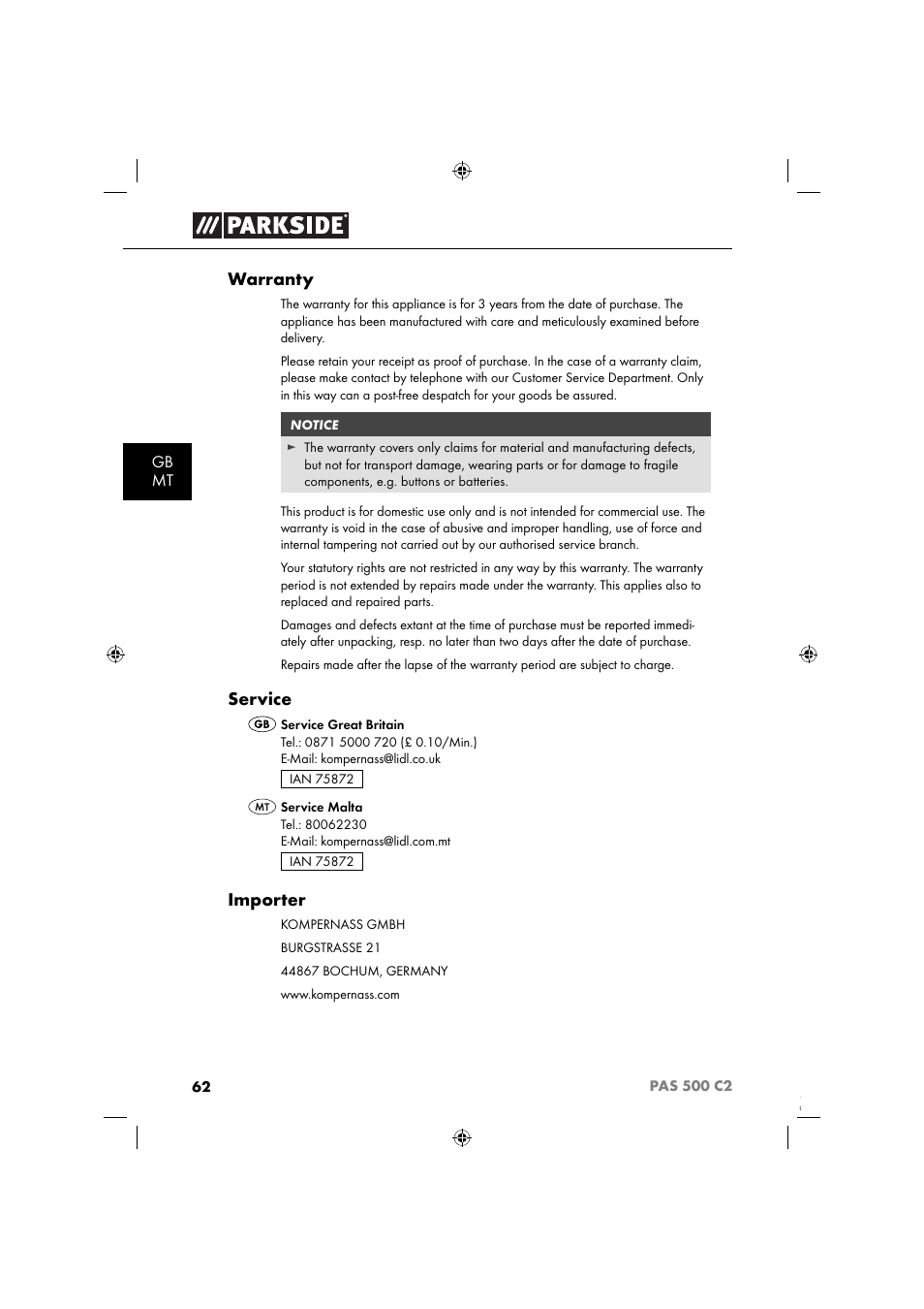 Warranty, Service, Importer | Parkside PAS 500 C2 User Manual | Page 65 / 84