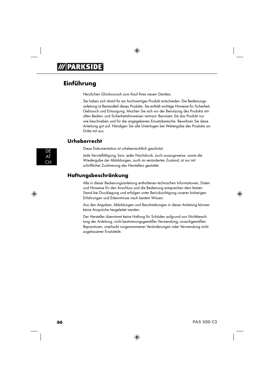 Einführung, Urheberrecht, Haftungsbeschränkung | Parkside PAS 500 C2 User Manual | Page 69 / 84