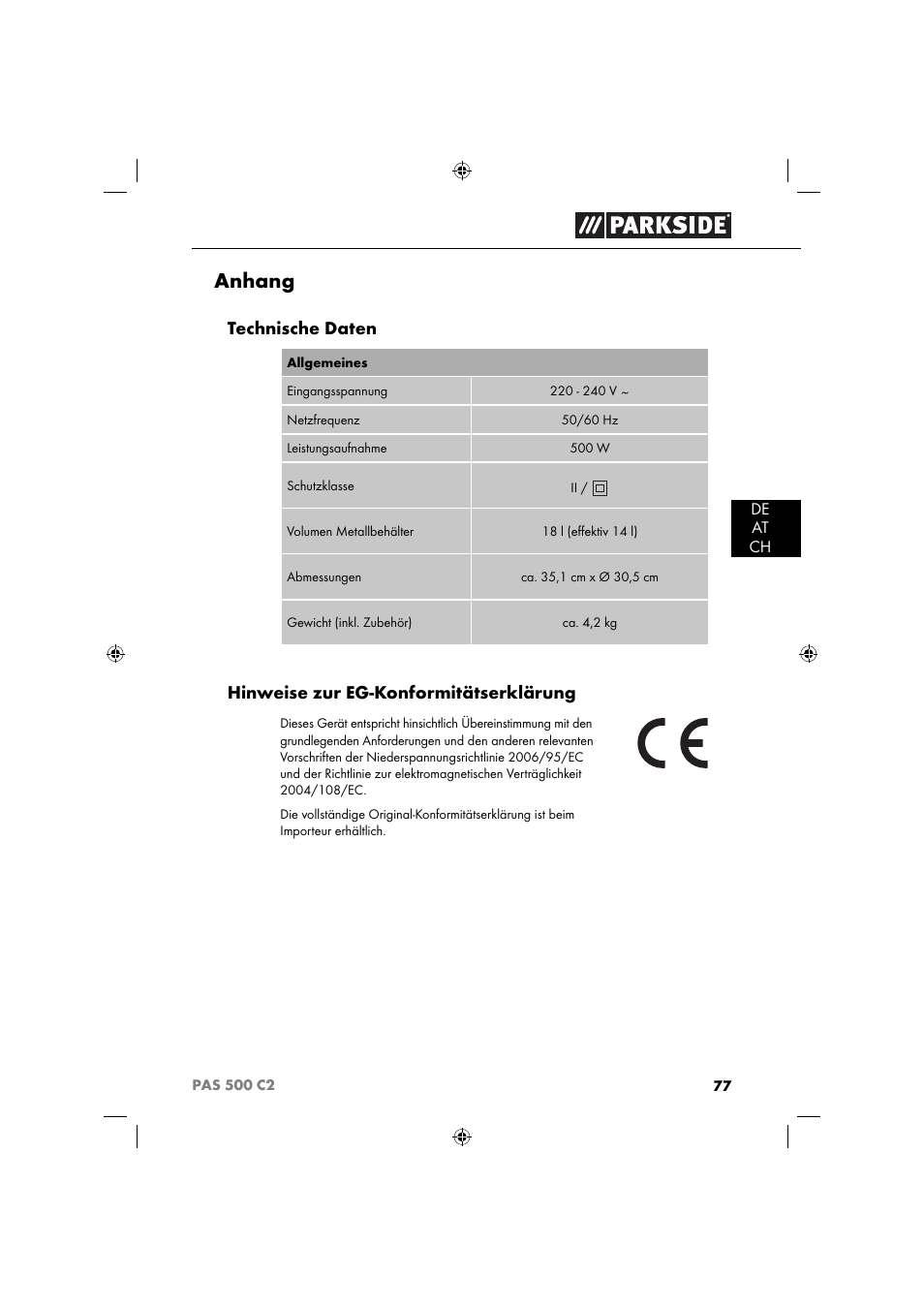 Anhang, Technische daten, Hinweise zur eg-konformitätserklärung | Parkside PAS 500 C2 User Manual | Page 80 / 84