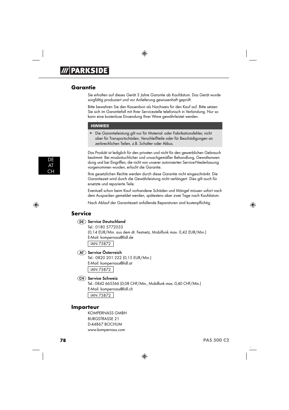 Garantie, Service, Importeur | Parkside PAS 500 C2 User Manual | Page 81 / 84