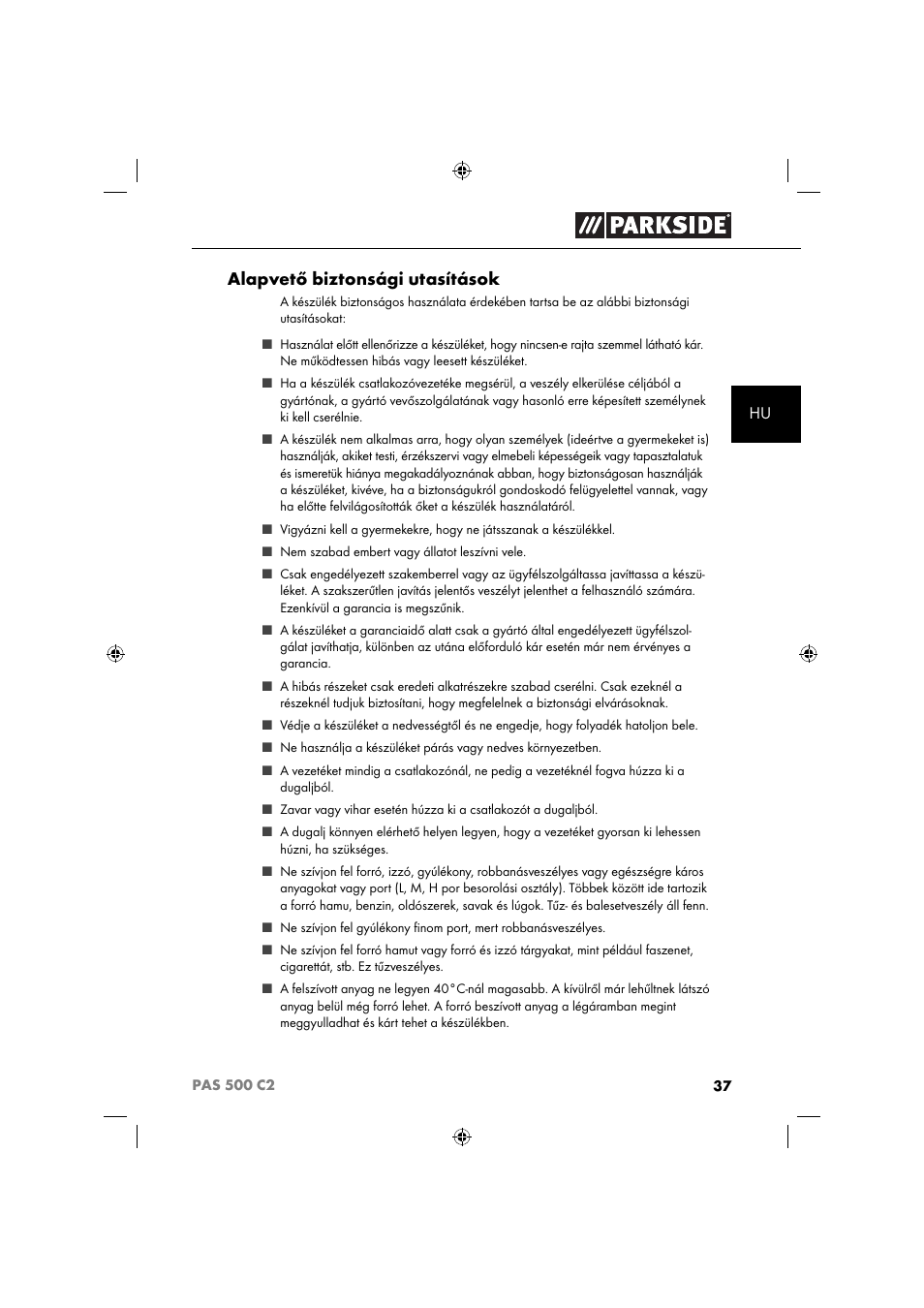 Alapvető biztonsági utasítások | Parkside PAS 500 C2 User Manual | Page 40 / 116