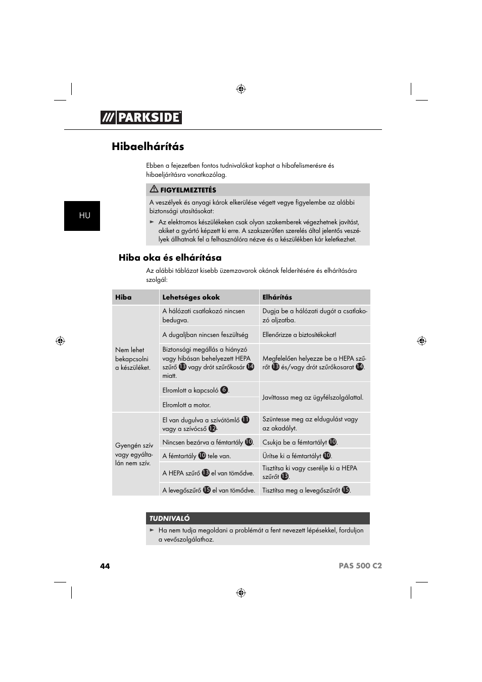 Hibaelhárítás, Hiba oka és elhárítása | Parkside PAS 500 C2 User Manual | Page 47 / 116