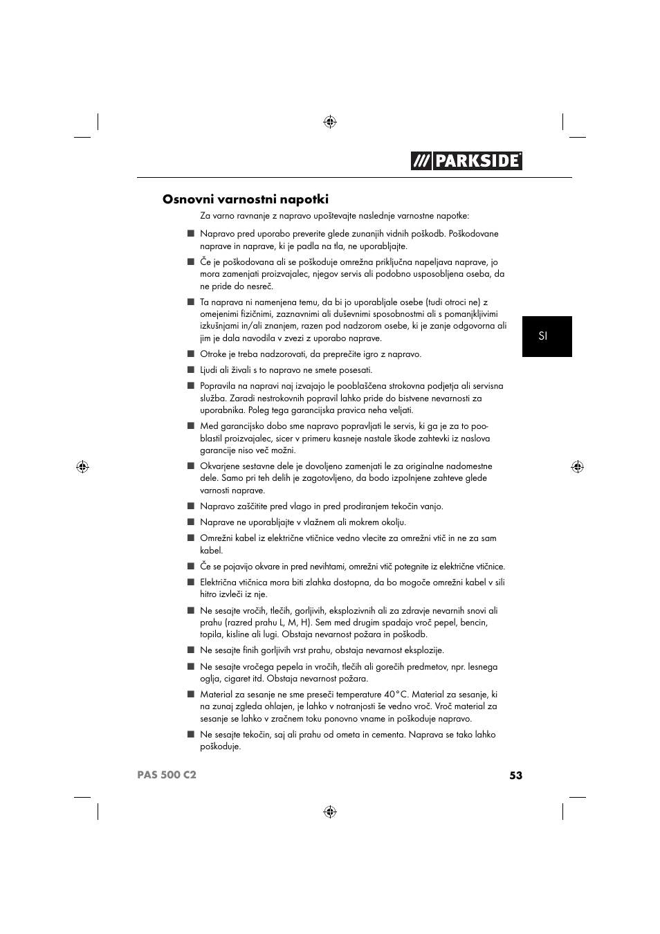 Osnovni varnostni napotki | Parkside PAS 500 C2 User Manual | Page 56 / 116