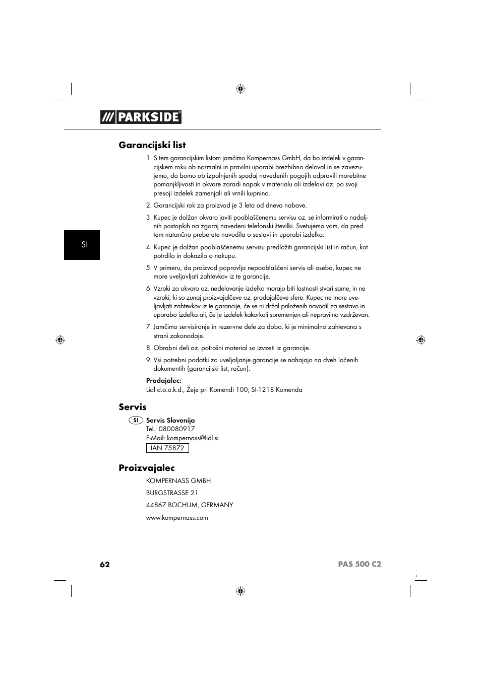 Garancijski list, Servis, Proizvajalec | Parkside PAS 500 C2 User Manual | Page 65 / 116