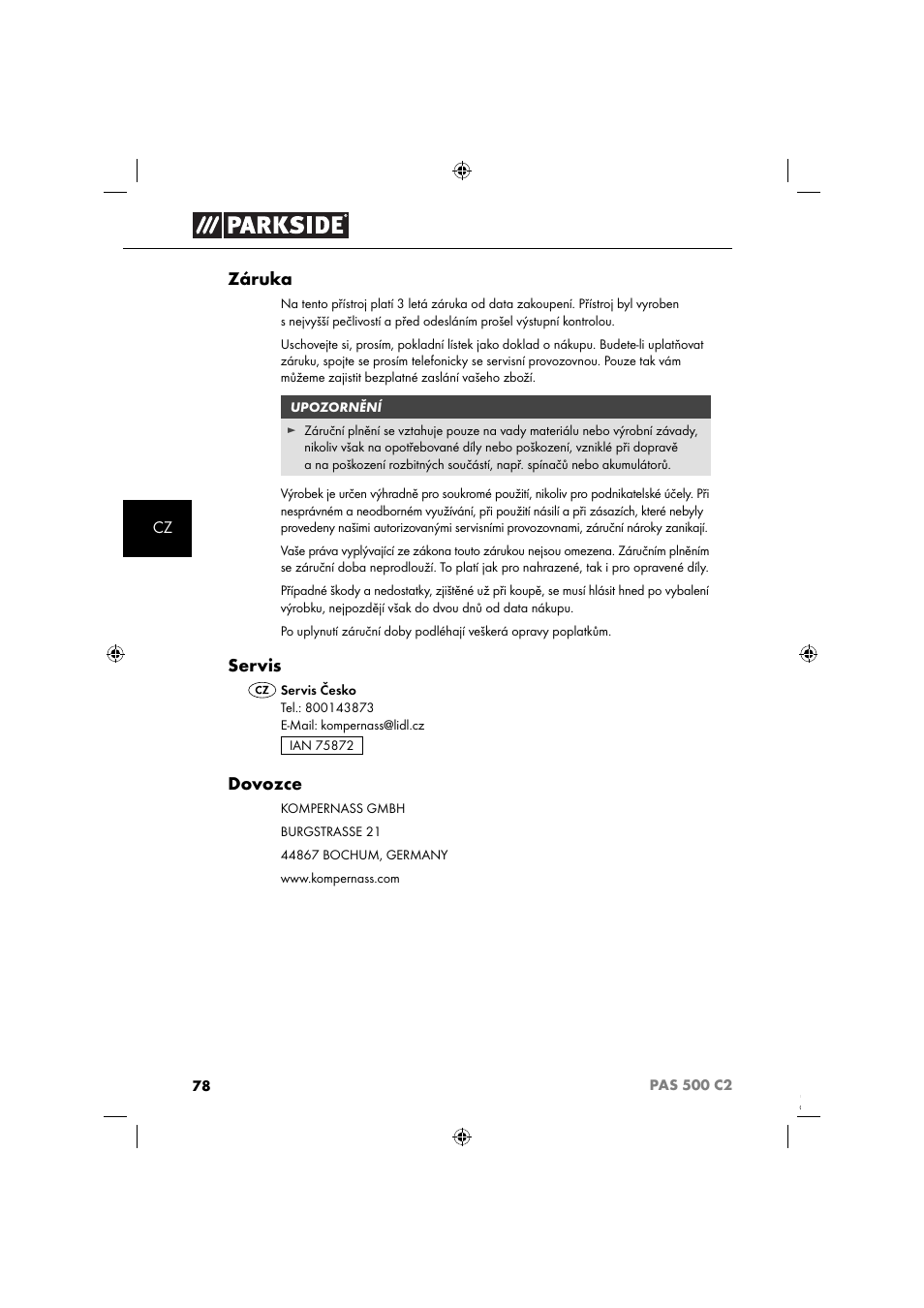 Záruka, Servis, Dovozce | Parkside PAS 500 C2 User Manual | Page 81 / 116