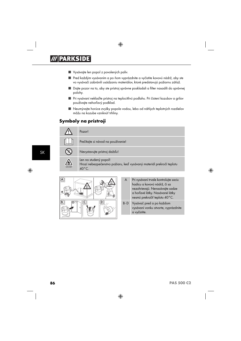 Symboly na prístroji | Parkside PAS 500 C2 User Manual | Page 89 / 116