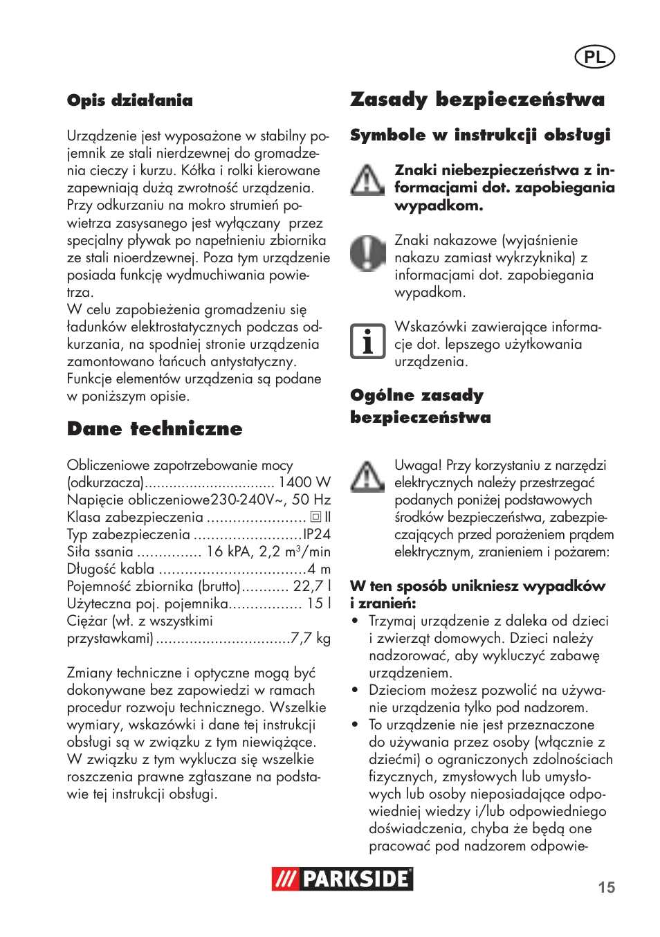 Dane techniczne, Zasady bezpieczeństwa | Parkside PNTS 1400 B1 User Manual | Page 15 / 60